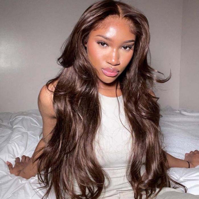 #4 Chocolate Brown Wig Body Wave Human Hair Colored Wigs HD Transparent Lace Closure Wigs