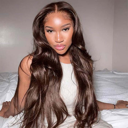 #4 Chocolate Brown Wig Body Wave Human Hair Colored Wigs HD Transparent Lace Closure Wigs