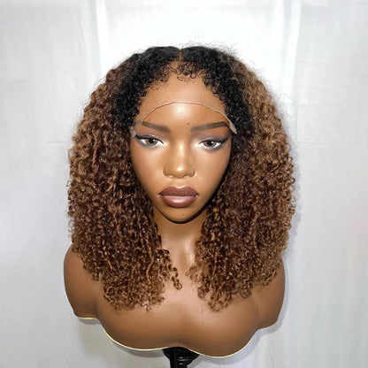4C Edges Hairline Glueless Lace Front Wig High Quality Spiral Curly Black Brown Highlights Wig 350% Density