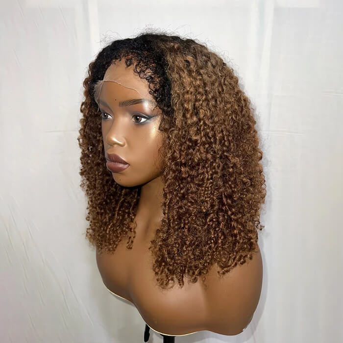 4C Edges Hairline Glueless Lace Front Wig High Quality Spiral Curly Black Brown Highlights Wig 350% Density