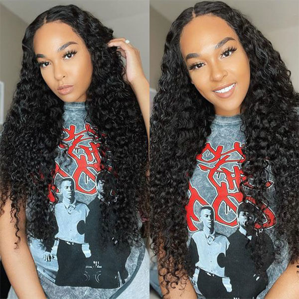 Deep Wave HD Transparent 4x4 Lace Closure Wig Natural Black Human Hair Wigs