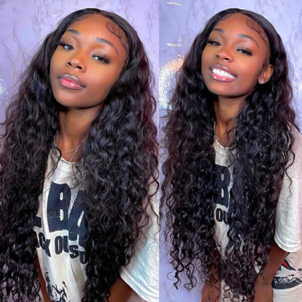 Deep Wave HD Transparent 4x4 Lace Closure Wig Natural Black Human Hair Wigs