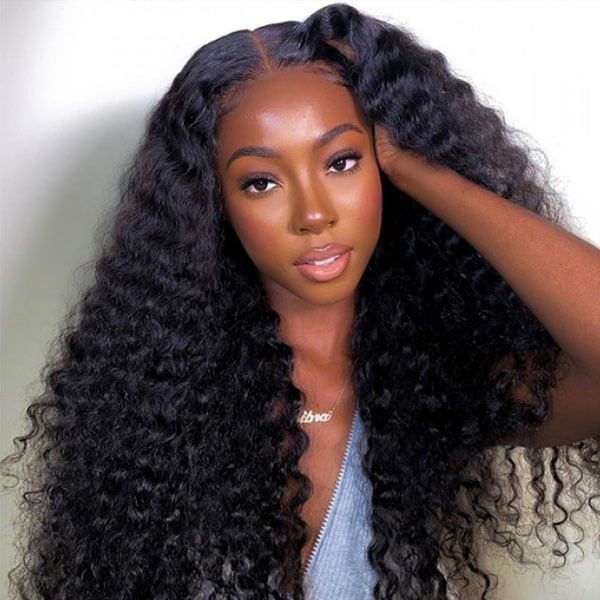Deep Wave HD Transparent 4x4 Lace Closure Wig Natural Black Human Hair Wigs