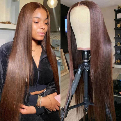 Dark Brown Colored Wigs Straight Hair Brown Human Hair Wig HD Transparent 4x4 Lace Closure Wig