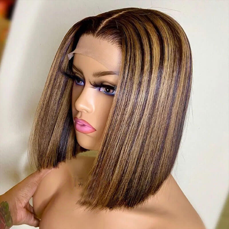 Straight Bob Wigs HD Transparent 4x4 Lace Closure Wig Highlight Ombre Color Pre Plucked with Baby Hair Special Offer