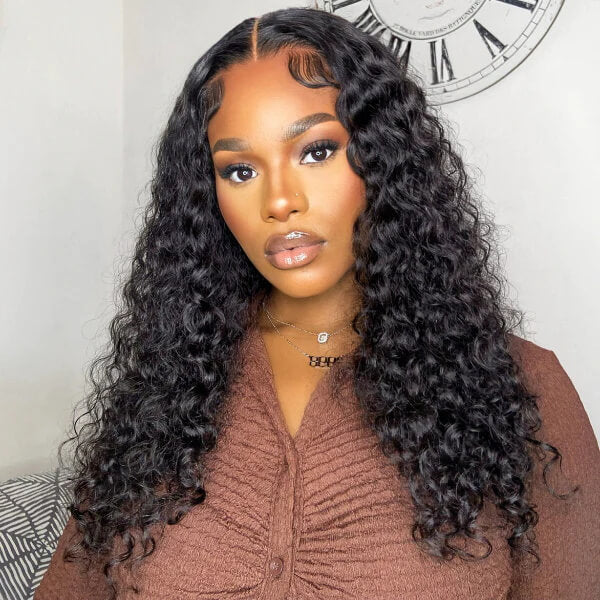 Water Wave HD Transparent 4x4 Lace Closure Wig Natural Black 180% Density Human Hair Wigs