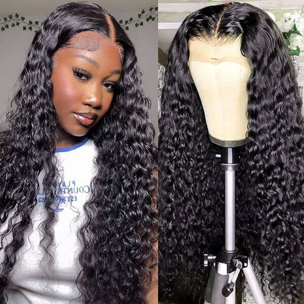 Water Wave HD Transparent 4x4 Lace Closure Wig Natural Black 180% Density Human Hair Wigs