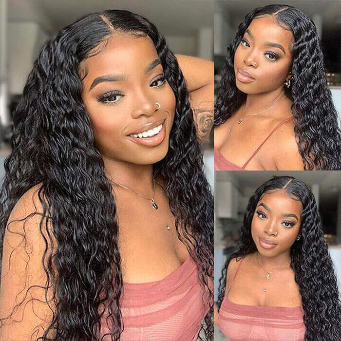 Water Wave HD Transparent 4x4 Lace Closure Wig Natural Black 180% Density Human Hair Wigs