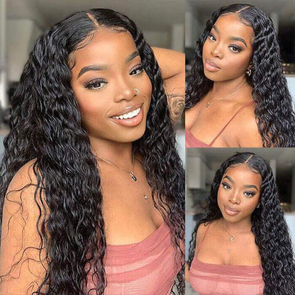 Water Wave HD Transparent 4x4 Lace Closure Wig Natural Black 180% Density Human Hair Wigs