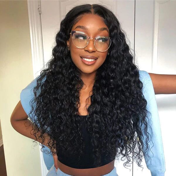 Water Wave HD Transparent 4x4 Lace Closure Wig Natural Black 180% Density Human Hair Wigs