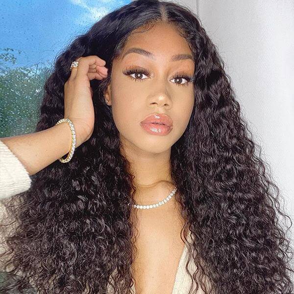 Water Wave HD Transparent 4x4 Lace Closure Wig Natural Black 180% Density Human Hair Wigs