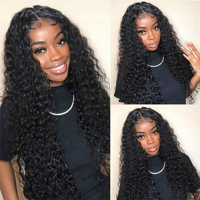 Water Wave HD Transparent 4x4 Lace Closure Wig Natural Black 180% Density Human Hair Wigs