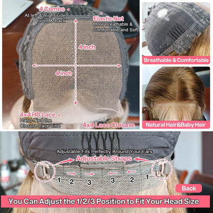 18"=$98 Highlight Wigs 4/27 Color 4x4 HD Lace Closure Wig Straight Human Hair Wig Special Offer