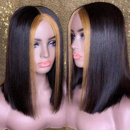 Straight Short Bob 13x4 Lace Font Wig With Blonde Highlights Streaks In Front Bob Wigs