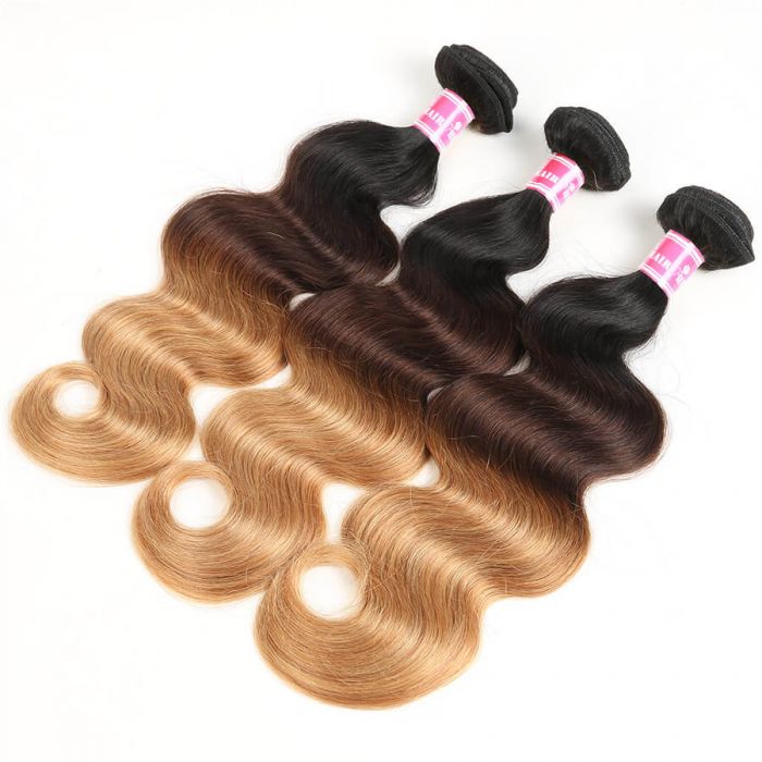 Ombre Hair 1B/4/27 Color Body Wave Human Hair 3 Bundles With 4x4 Lace Closure