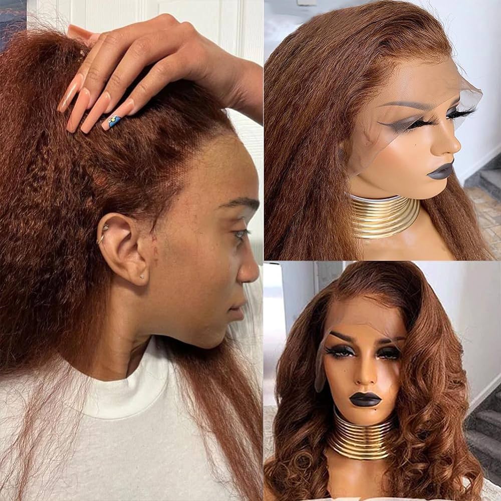 4C Edges Kinky Straight #30 Ginger Brown Human Hair Wig HD Lace Front Glueless Wig