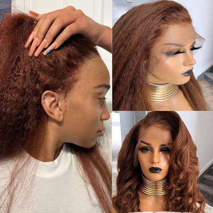 4C Edges Kinky Straight #30 Ginger Brown Human Hair Wig HD Lace Front Glueless Wig