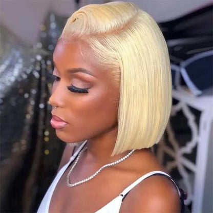 613 Blonde Straight Human Hair HD Transparent 13x4 Lace Front Short Bob Wigs