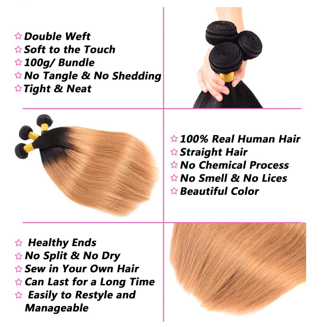 Ombre 1B27 Straight Human Hair 3 Bundles With 4x4 Lace Closure