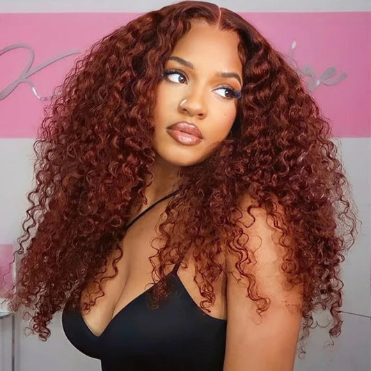 #33 Reddish Brown Auburn Water Wave Human Hair Wig HD Transparent 13x4 Lace Front Wig