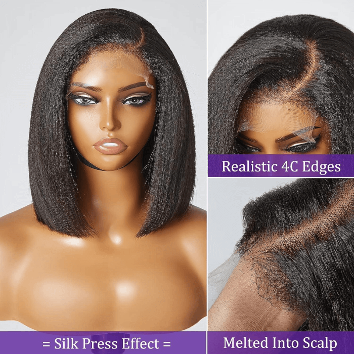 4C Kinky Edges Kinky Straight 13x4 /5x5 HD Lace Short Bob Wig Human Hair