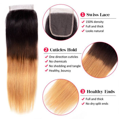 Ombre Hair 1B/4/27 Color Straight Human Hair 3 Bundles With 4x4 Lace Closure