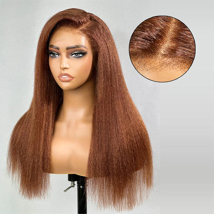 4C Edges Kinky Straight #30 Ginger Brown Human Hair Wig HD Lace Front Glueless Wig
