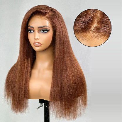 4C Edges Kinky Straight #30 Ginger Brown Human Hair Wig HD Lace Front Glueless Wig
