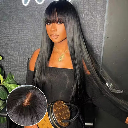Straight Wig With Bangs Natural Color Top Lace Straight Human Hair Glueless Wig