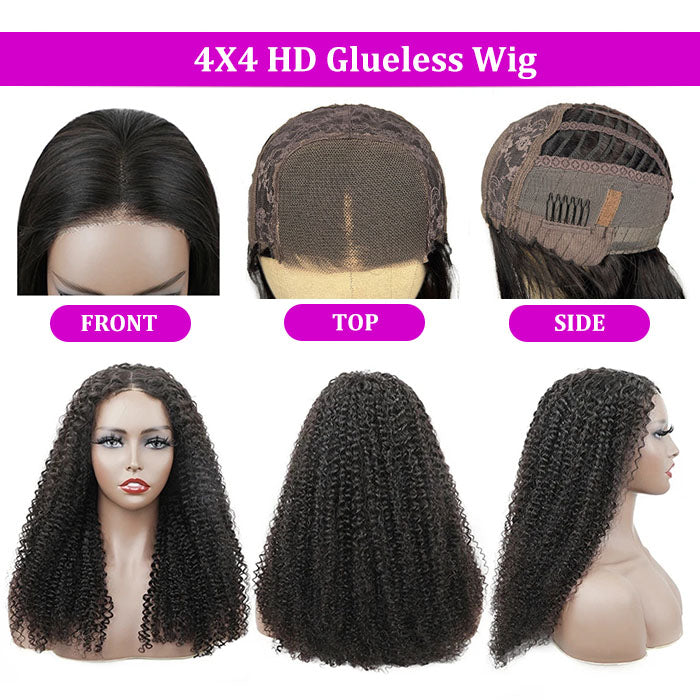 (Air Cap) 4x4/13x4 Pre-Cut Lace Wig Put On And Go Curly Human Hair Wig with Breathable Cap Beginner Wig