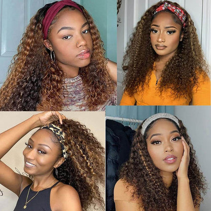 #4/27 Mix Color Highlights Headband Wigs 100% Virgin Human Hair No Gel No Glue Silk Scarf Wigs