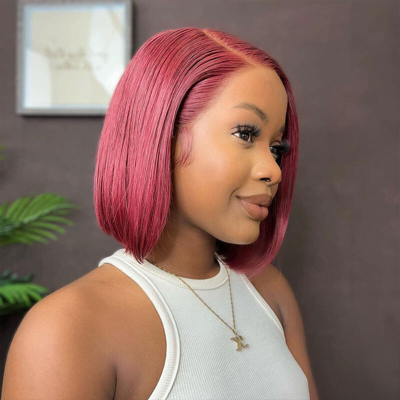 Short Bob 4x4 Lace Closure Wig Straight 99J Red Wine Colored Human Hair Wig For Women