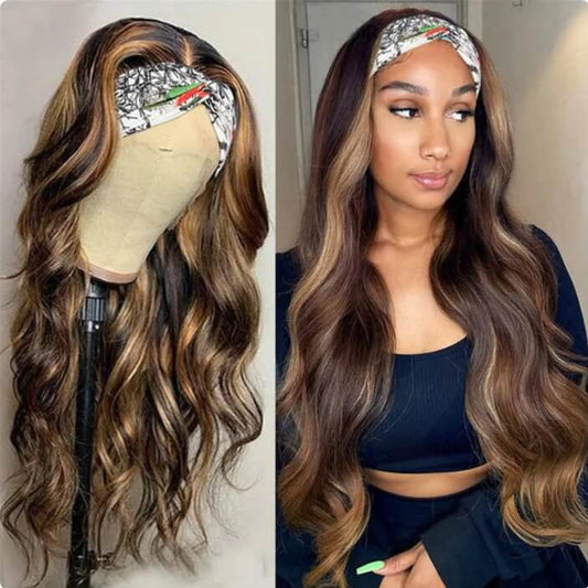 #4/27 Mix Color Highlights Headband Wigs 100% Virgin Human Hair No Gel No Glue Silk Scarf Wigs