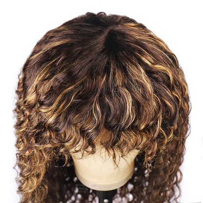 P4/27 Piano Highlights Color Wig With Bangs Deep Wave Curly Top-Lace Colored Wig Protective Style Human Hair Wigs