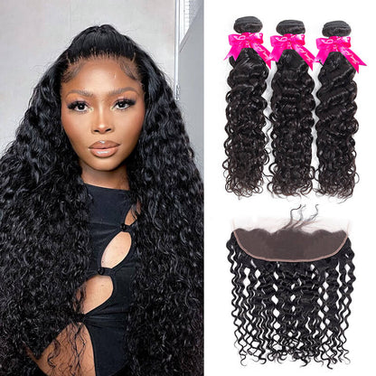 Brazilian Water Wave Virgin Hair Weave 3 Bundles With 13*4 Lace Frontal