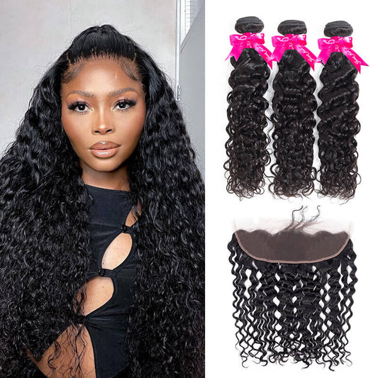 Brazilian Water Wave Virgin Hair Weave 3 Bundles With 13*4 Lace Frontal