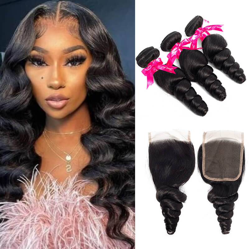 Loose Wave Human Hair 3 Bundles With 4x4 Lace Closure Human Hair Weft