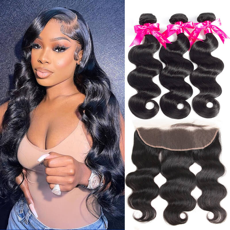 Body Wave Virgin Hair Weave 3 Bundles With 13*4 Lace Frontal