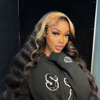 Skunk Stripe Wig with Honey Blonde Highlights Body Wave 13*4 Human Hair Lace Frontal Wig