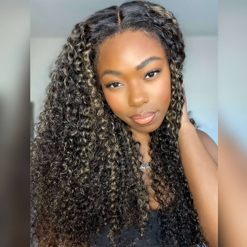 4C Edges Hairline Wig Honey Blonde Highlight Wig 13x4 8x5 HD Lace Front Jerry Curly Human Hair Wigs