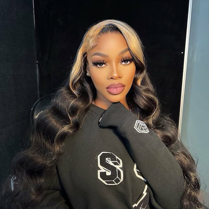 Skunk Stripe Wig with Honey Blonde Highlights Body Wave 13*4 Human Hair Lace Frontal Wig