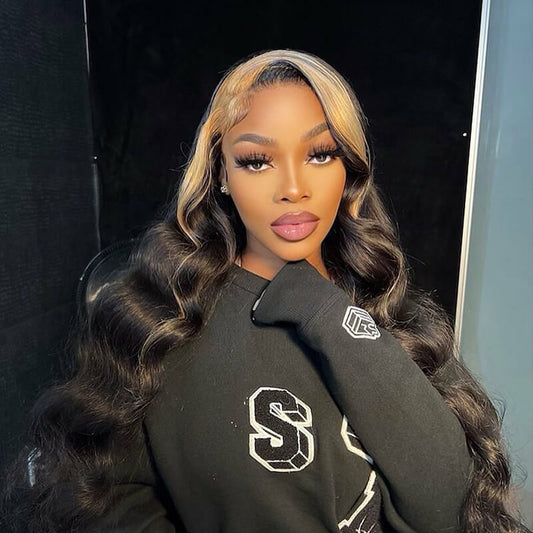 Skunk Stripe Wig with Honey Blonde Highlights Body Wave 13*4 Human Hair Lace Frontal Wig