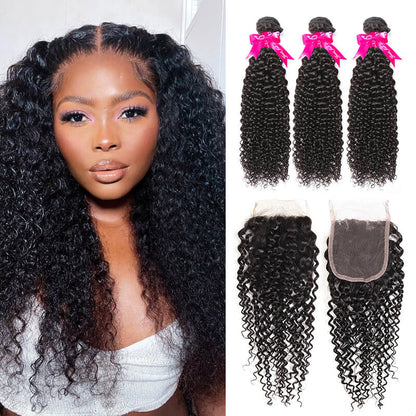 Kinky Curly Human Hair 3 Bundles With 4x4 Lace Closure