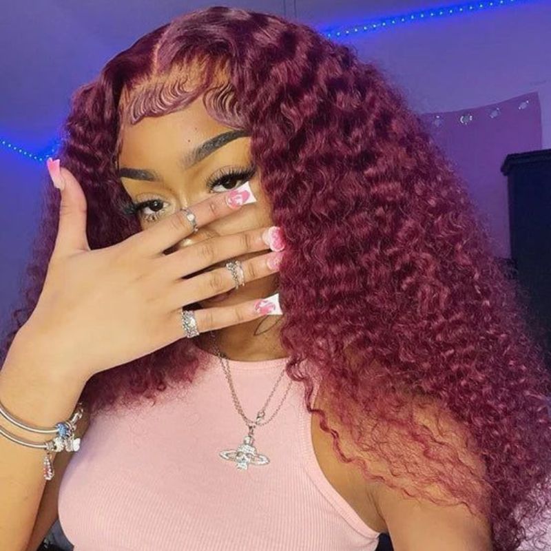 Burgundy 99j Wig Curly Human Hair Colored Wigs HD Transparent Lace Closure Wigs
