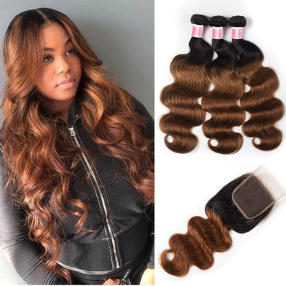Ombre 1B30 Body Wave Human Hair 3 Bundles With 4x4 Lace Closure