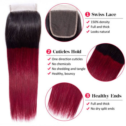 Subella Hair T1B/99j Ombre Straight Human Hair 3 Bundles With 4x4 Lace Closure