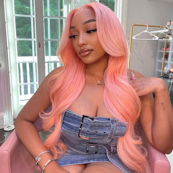 13x4 HD Lace Frontal Human Hair Wigs Straight/Body Wave Pink Color Wig For Women Pre Plucked Bleached Knots