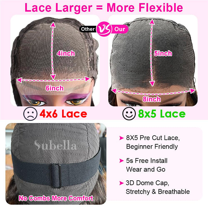 Subella Hair| 8x5 HD Lace Put On And Go Glueless Wigs Reddish Brown Body Wave & Water Wave Pre-Cut Lace