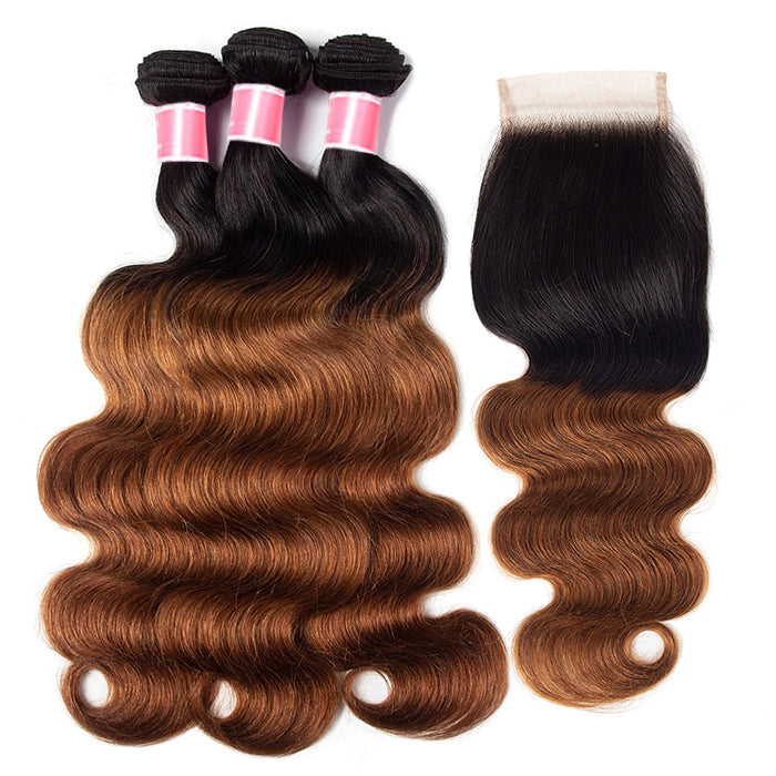 Ombre 1B30 Body Wave Human Hair 3 Bundles With 4x4 Lace Closure