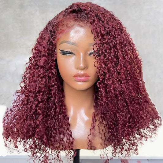 99J Burgundy Red Kinky Edges 4C Hairline Straight/Kinky Straight/Curly 8x5 Pre Cut HD Lace Glueless Wig